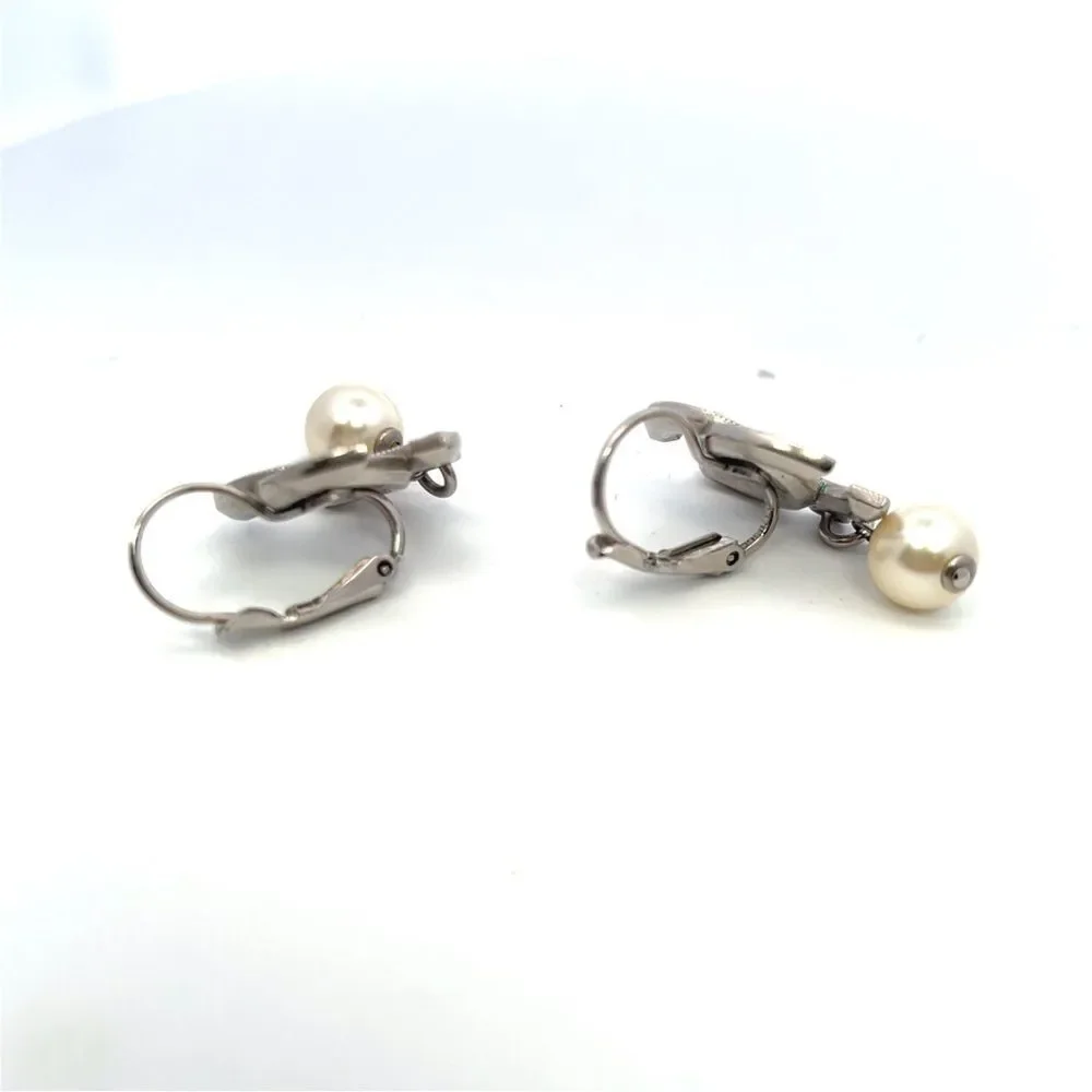 Chanel Chanel CC Faux Pearl & Crystal Silver Tone Drop Earrings